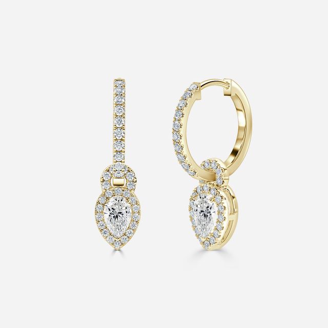 Halo Drop Pear Diamond Earrings In Yellow Gold