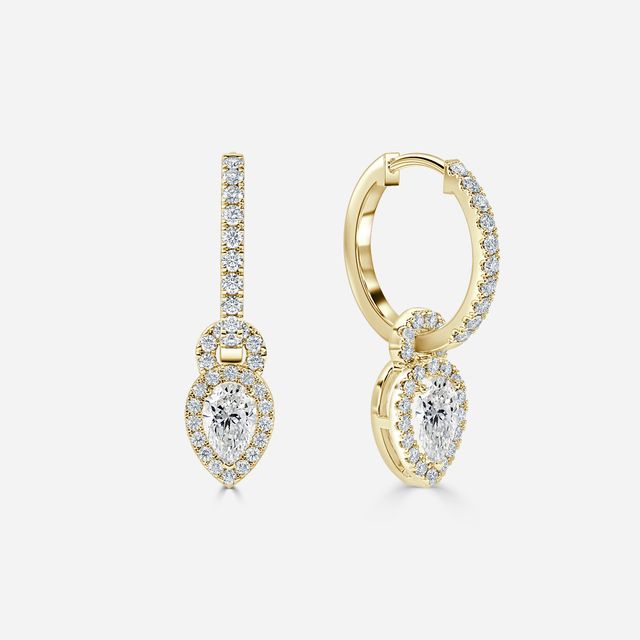 Halo Drop Pear Diamond Earrings In Yellow Gold