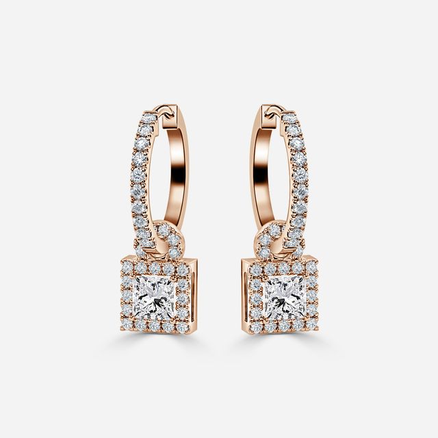 Halo Drop Princess Diamond Earrings In Rose Gold