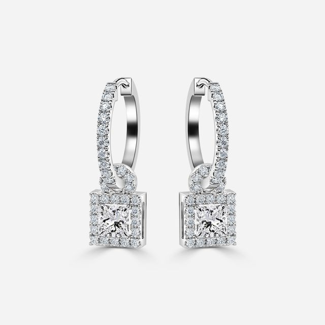Halo Drop Princess Earrings In White Gold