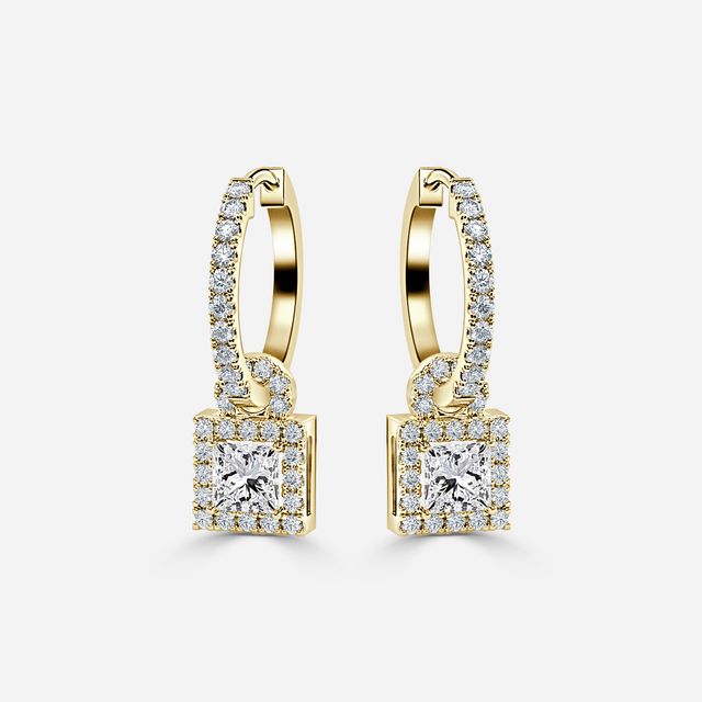 Halo Drop Princess Diamond Earrings In Yellow Gold