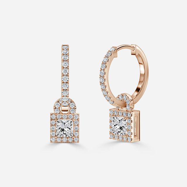 Halo Drop Princess Diamond Earrings In Rose Gold