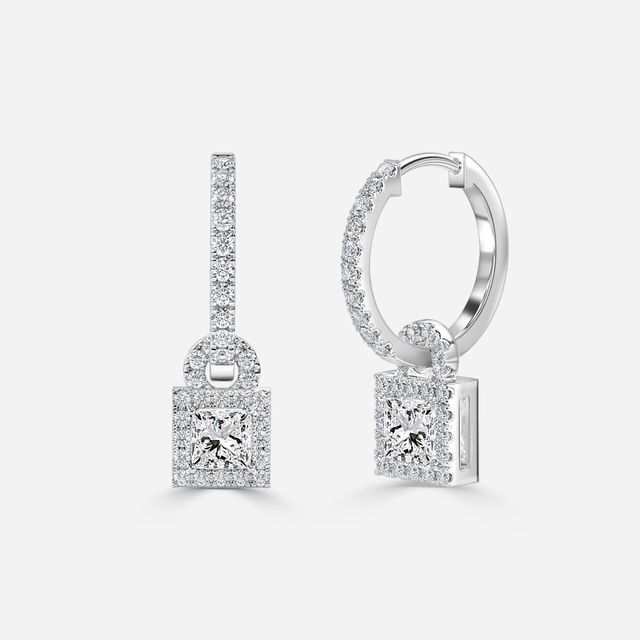 Halo Drop Princess Earrings In White Gold