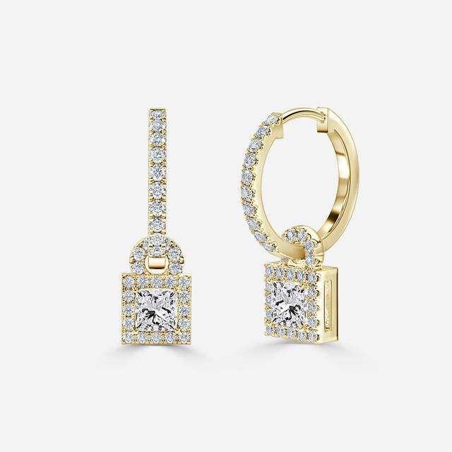 Halo Drop Princess Diamond Earrings In Yellow Gold