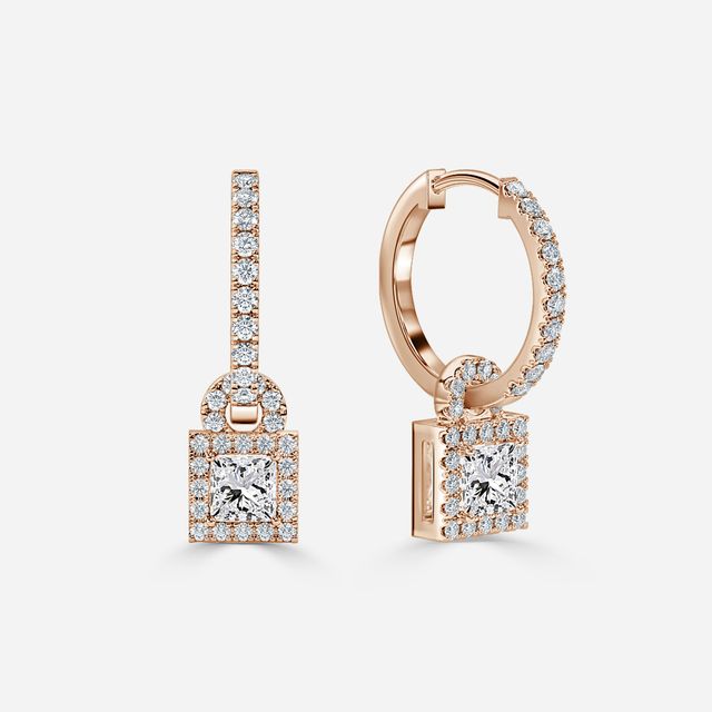 Halo Drop Princess Diamond Earrings In Rose Gold