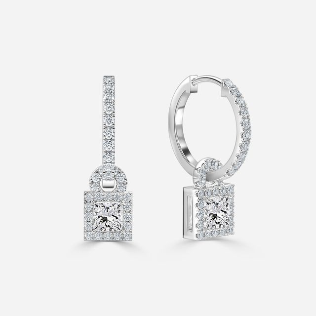 Halo Drop Princess Earrings In White Gold