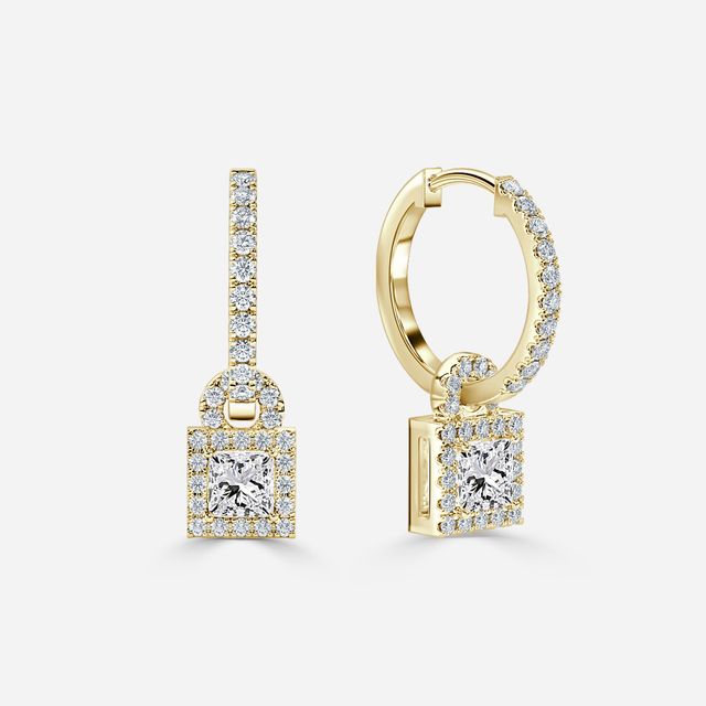 Halo Drop Princess Diamond Earrings In Yellow Gold