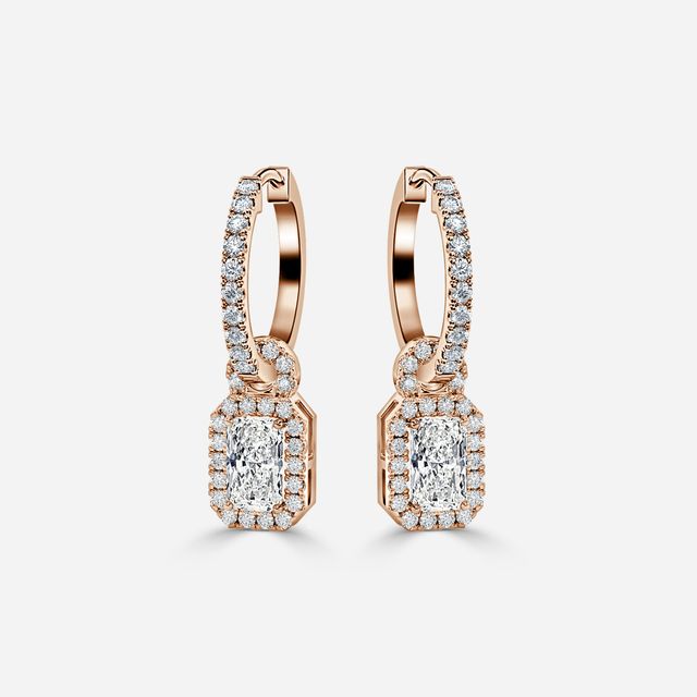 Halo Drop Radiant Diamond Earrings In Rose Gold
