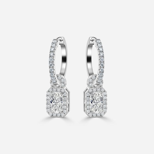 Halo Drop Radiant Diamond Earrings In White Gold