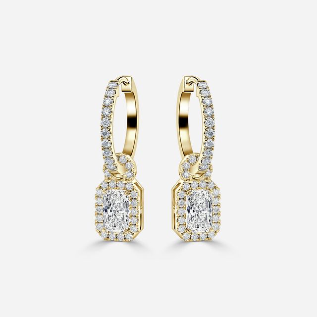 Halo Drop Radiant Diamond Earrings In Yellow Gold