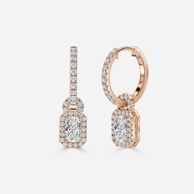 Halo Drop Radiant Diamond Earrings In Rose Gold
