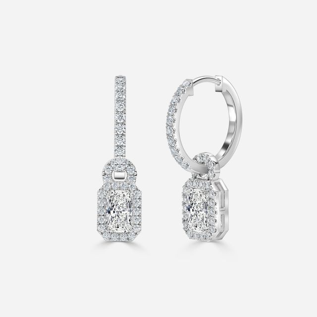 Halo Drop Radiant Diamond Earrings In White Gold