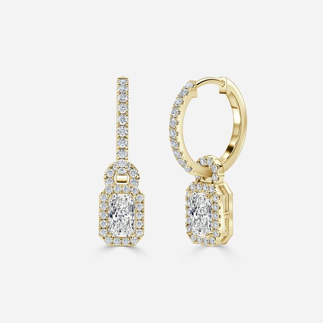 Halo Drop Radiant Diamond Earrings In Yellow Gold