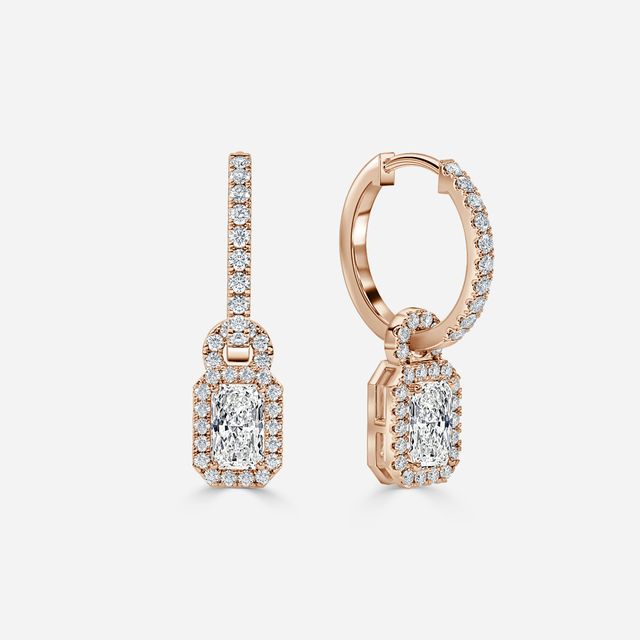 Halo Drop Radiant Diamond Earrings In Rose Gold