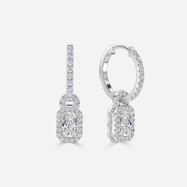 Halo Drop Radiant Diamond Earrings In White Gold