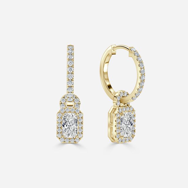 Halo Drop Radiant Diamond Earrings In Yellow Gold
