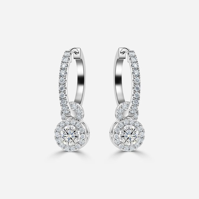 Halo Drop Round Earrings In White Gold