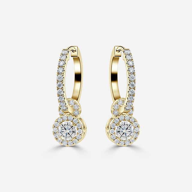 Halo Drop Round Diamond Earrings In Yellow Gold