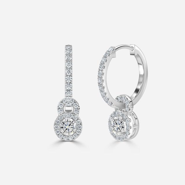 Halo Drop Round Earrings In White Gold