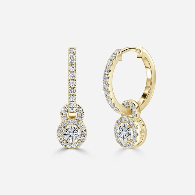 Halo Drop Round Diamond Earrings In Yellow Gold