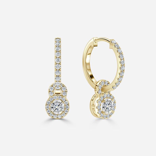 Halo Drop Round Diamond Earrings In Yellow Gold