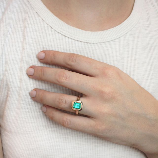 Colombian Emerald Bezel Set Engagement Ring- 1.40ct