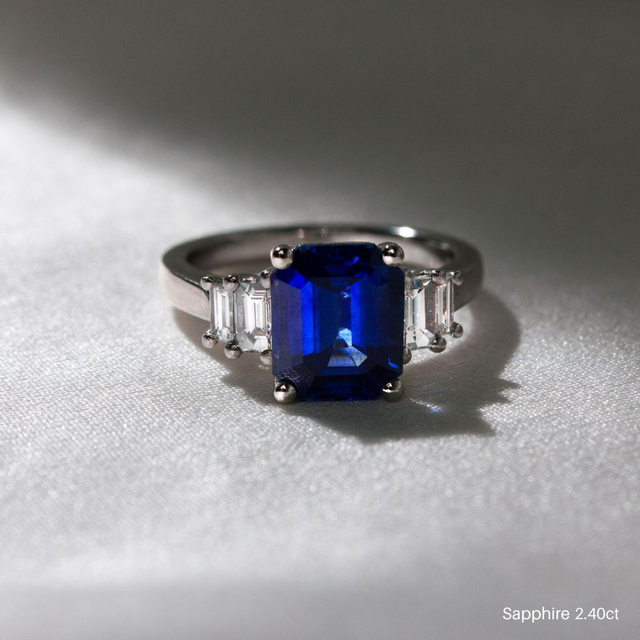 Emerald Cut Lab Grown Blue Sapphire Engagement Ring - 10.0ct
