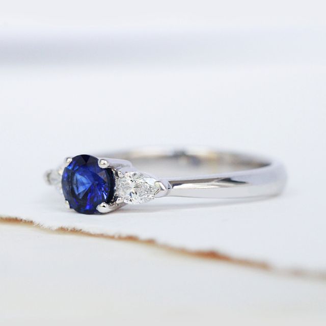 Round Blue Sapphire Trilogy Engagement Ring - 0.40ct