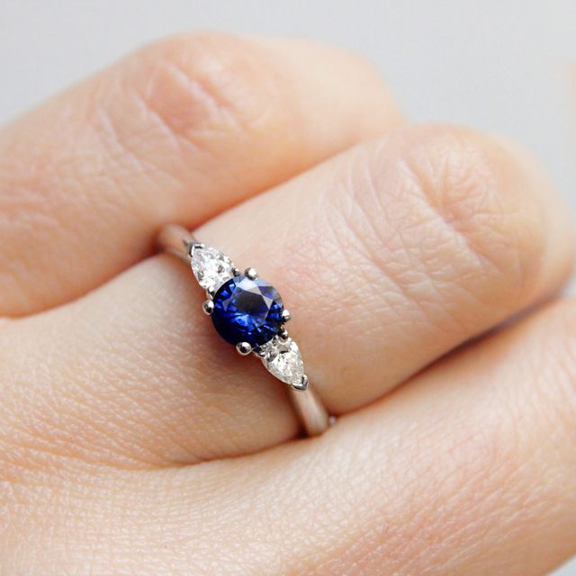 Round Blue Sapphire Trilogy Engagement Ring - 0.40ct