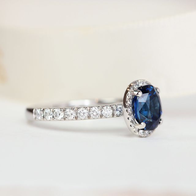 Oval Blue Sapphire Halo Engagement Ring - 1.70ct