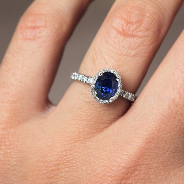 Oval Blue Sapphire Halo Engagement Ring - 1.70ct
