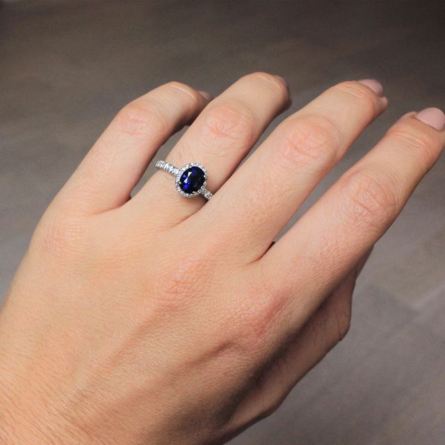 Oval Blue Sapphire Halo Engagement Ring - 1.70ct
