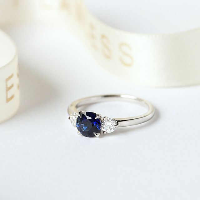Round Blue Sapphire Trilogy Engagement Ring - 0.99ct