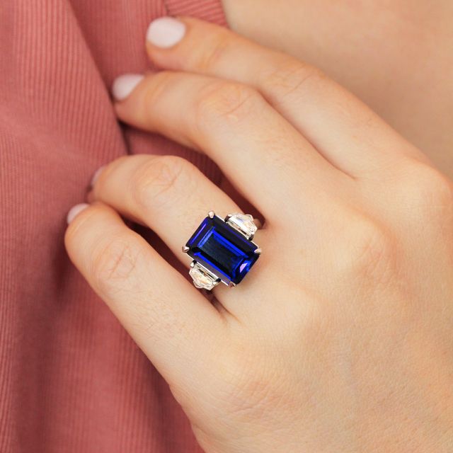 Emerald Cut Lab Grown Blue Sapphire Engagement Ring - 10.0ct