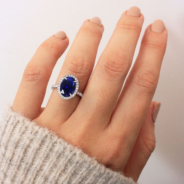 Oval Blue Sapphire Halo Engagement Ring - 3.85ct