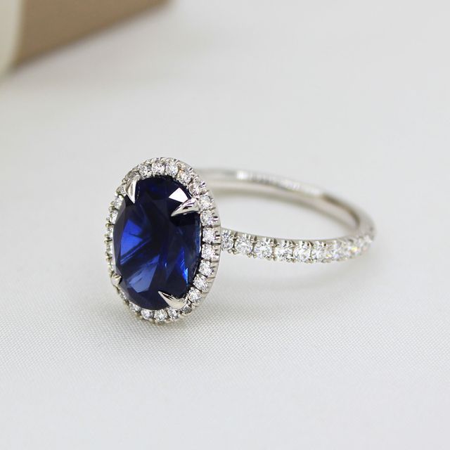 Oval Blue Sapphire Halo Engagement Ring - 3.85ct