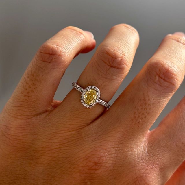 Yellow Oval Diamond Halo Engagement Ring in Platinum - 0.66ct