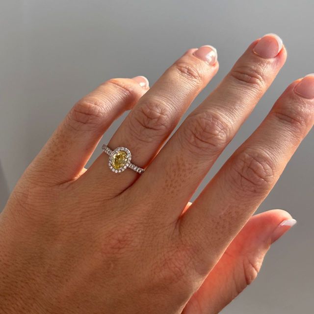 Yellow Oval Diamond Halo Engagement Ring in Platinum - 0.66ct