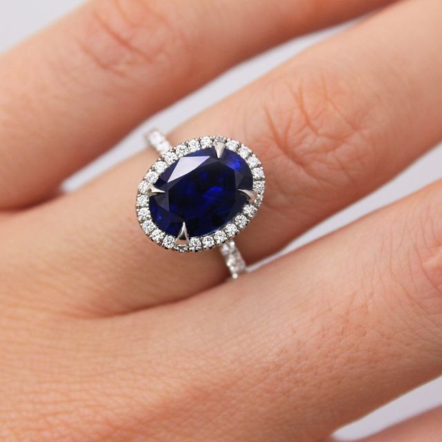 Oval Blue Sapphire Halo Engagement Ring - 3.85ct