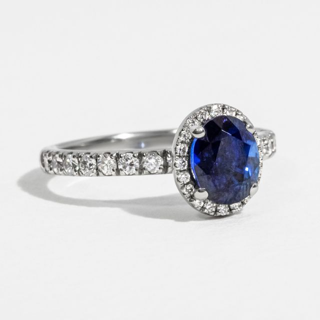 Oval Blue Sapphire Halo Engagement Ring - 1.70ct