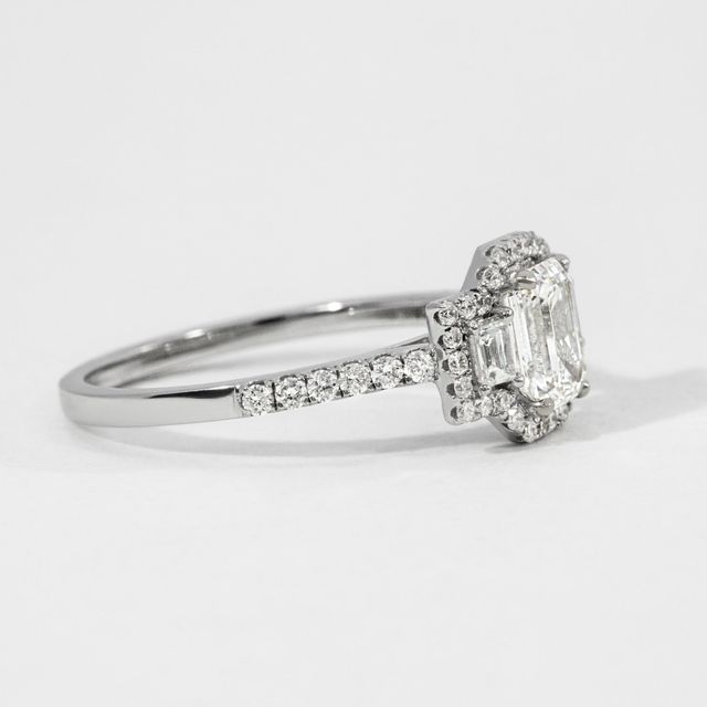 Three Stone Emerald Diamond Engagement Ring- 0.91ct