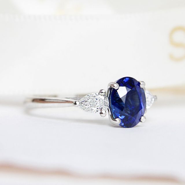 Oval Blue Sapphire Trilogy Engagement Ring - 1.75ct