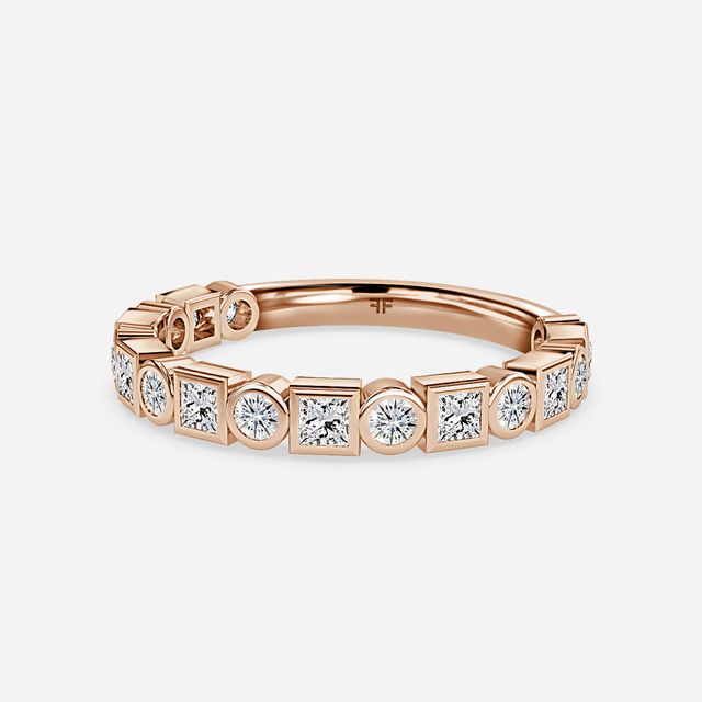 Bezel Set Round And Princess Cut Rose Gold Wedding Ring