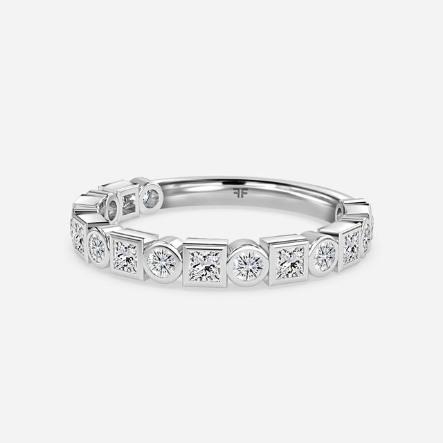 Bezel Set Round And Princess Cut White Gold Wedding Ring