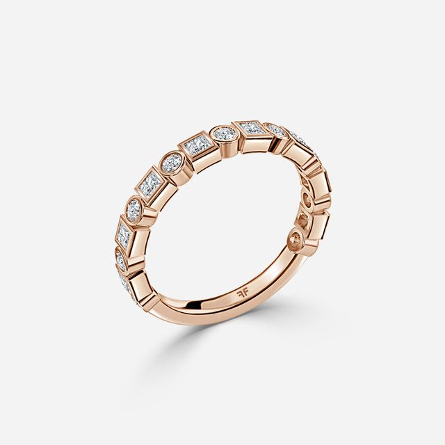 Bezel Set Round And Princess Cut Rose Gold Wedding Ring