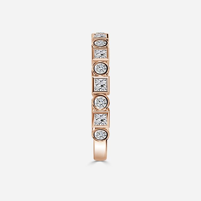 Bezel Set Round And Princess Cut Rose Gold Wedding Ring