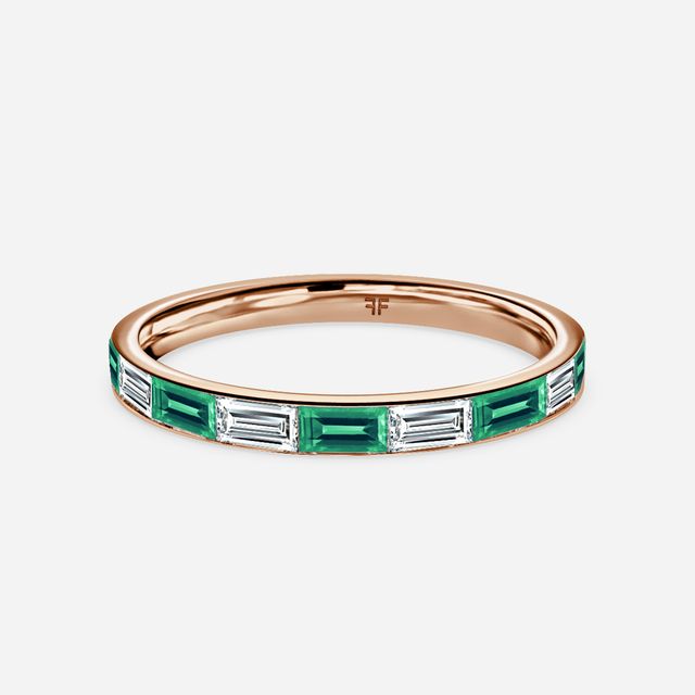 Baguette Cut Emerald And Diamond Wedding Ring In Rose Gold