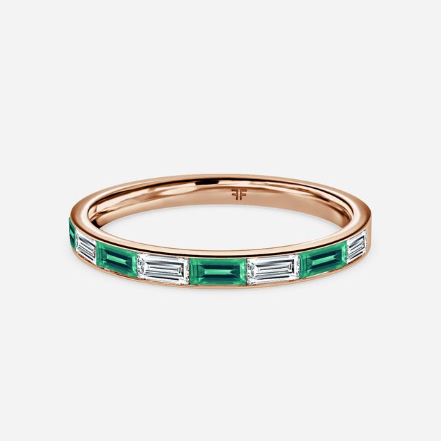 Green Emerald And Baguette Diamond Rose Gold Wedding Ring