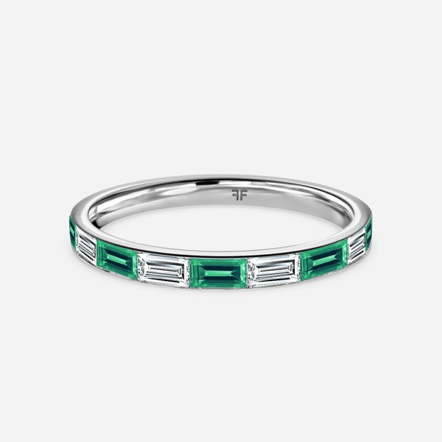 Baguette Cut Emerald And Diamond Wedding Ring In White Gold