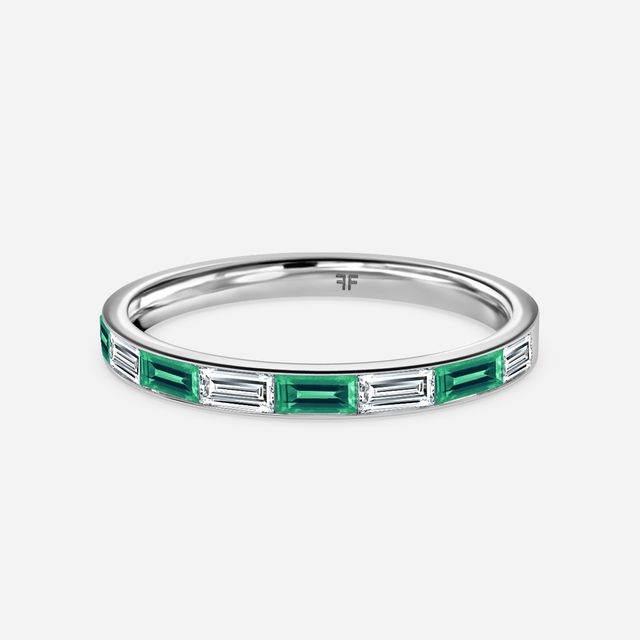 Green Emerald And Baguette Diamond White Gold Wedding Ring